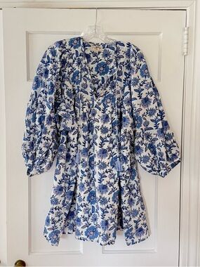 Blue Floral Mini Dress - Boho Tiered V-Neck Tunic